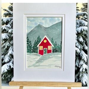 Hand-Made New Watercolor Art Cozy Red Hut in the Mountains
